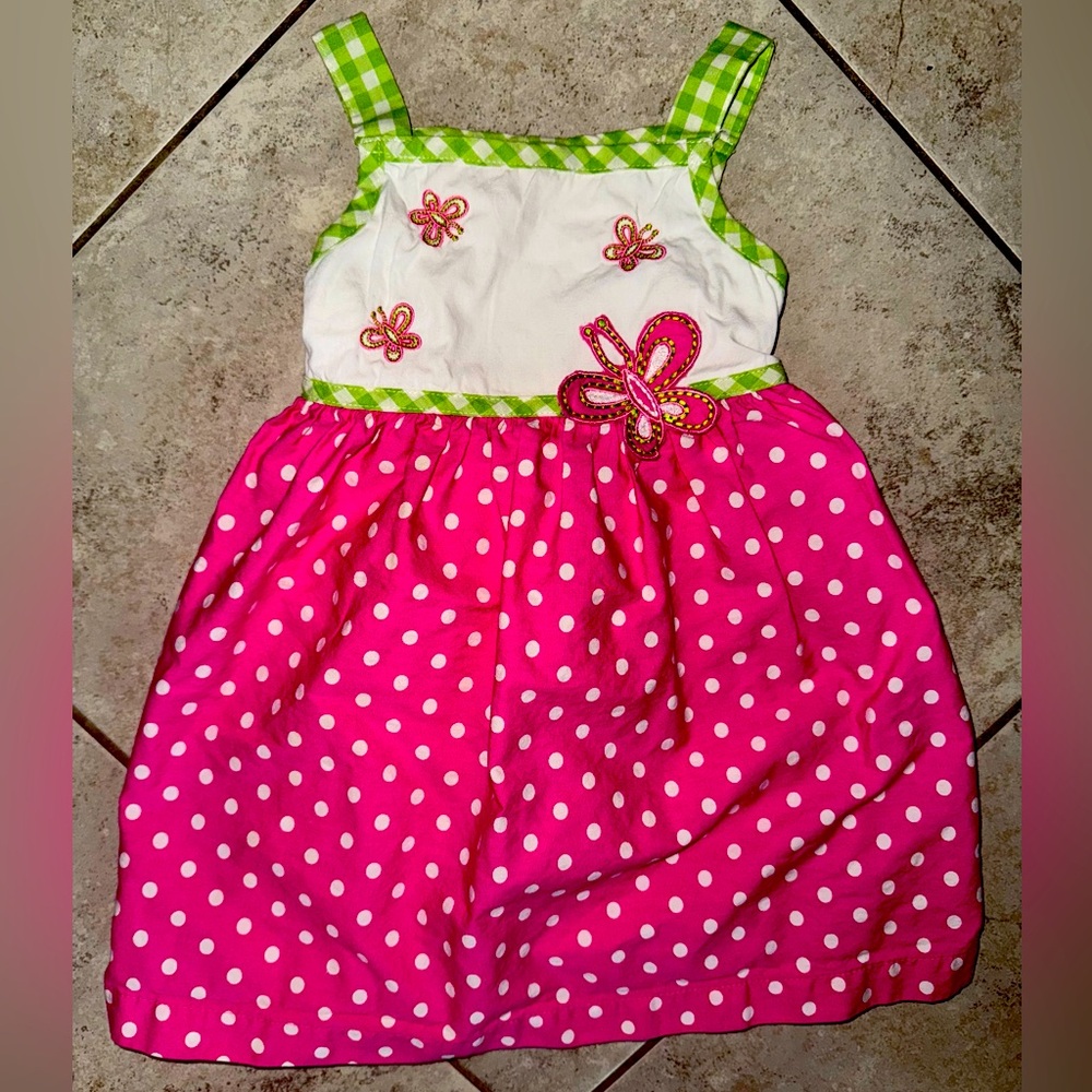 Vintage New Horizons Bright Pink & Green Butterfly Appliqué Dress 2T EUC